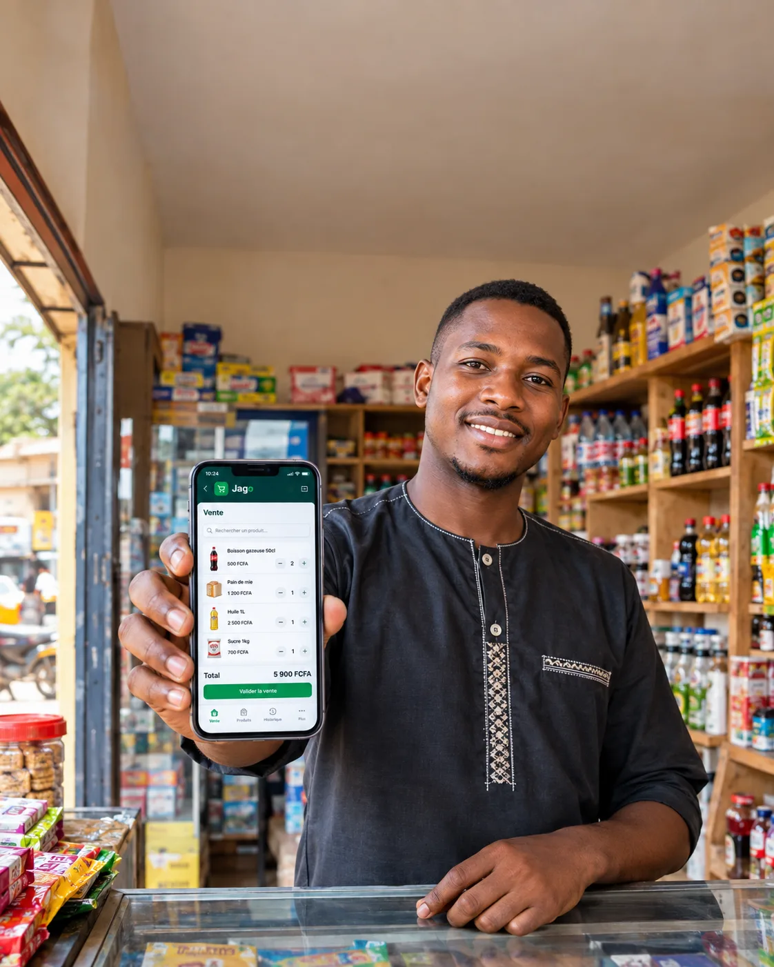 Un commerçant, dans sa boutique, montre l'écran de vente de Jago sur son téléphone