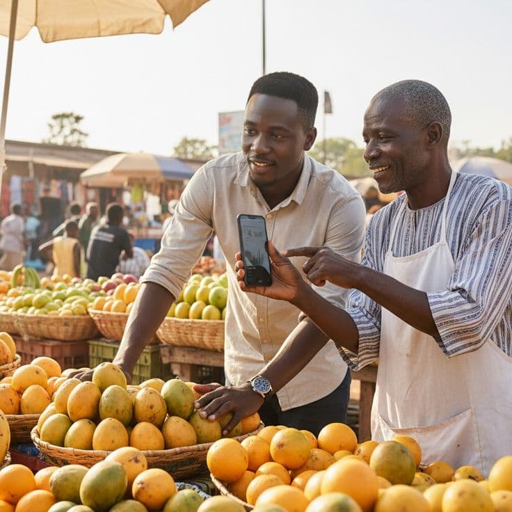 Deux commerçants d'un étal de fruits regardent ensemble une vente sur un téléphone